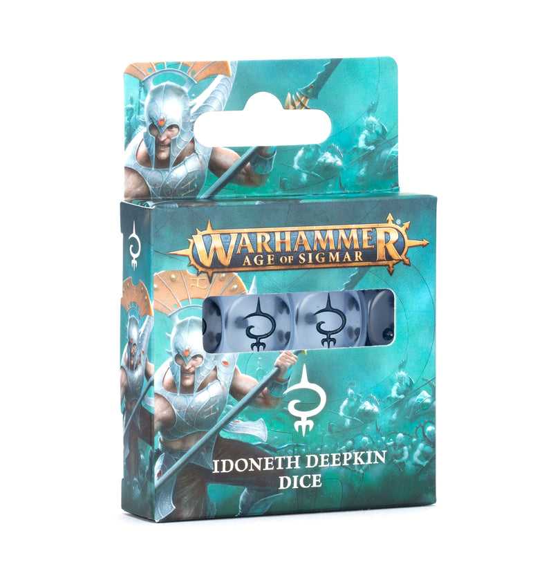 A box of Warhammer Age of Sigmar: Idoneth Deepkin - Dice, with aquatic-themed blue artwork and a window showing white dice with black symbols.