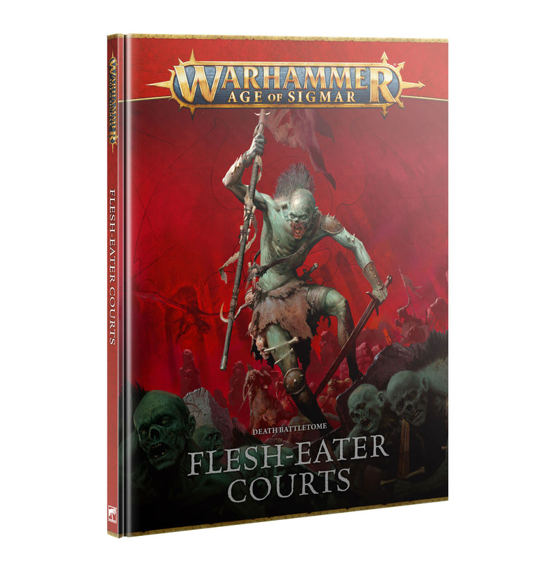 Warhammer Age of Sigmar: Flesh-Eater Courts - Battletome (2025) is a Warhammer Age of Sigmar book from Games Workshop that features a monstrous, muscular figure wielding weapons, surrounded by skulls and undead creatures against a red, ominous background.