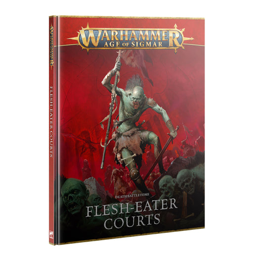 Warhammer Age of Sigmar: Flesh-Eater Courts - Battletome (2025) is a Warhammer Age of Sigmar book from Games Workshop that features a monstrous, muscular figure wielding weapons, surrounded by skulls and undead creatures against a red, ominous background.