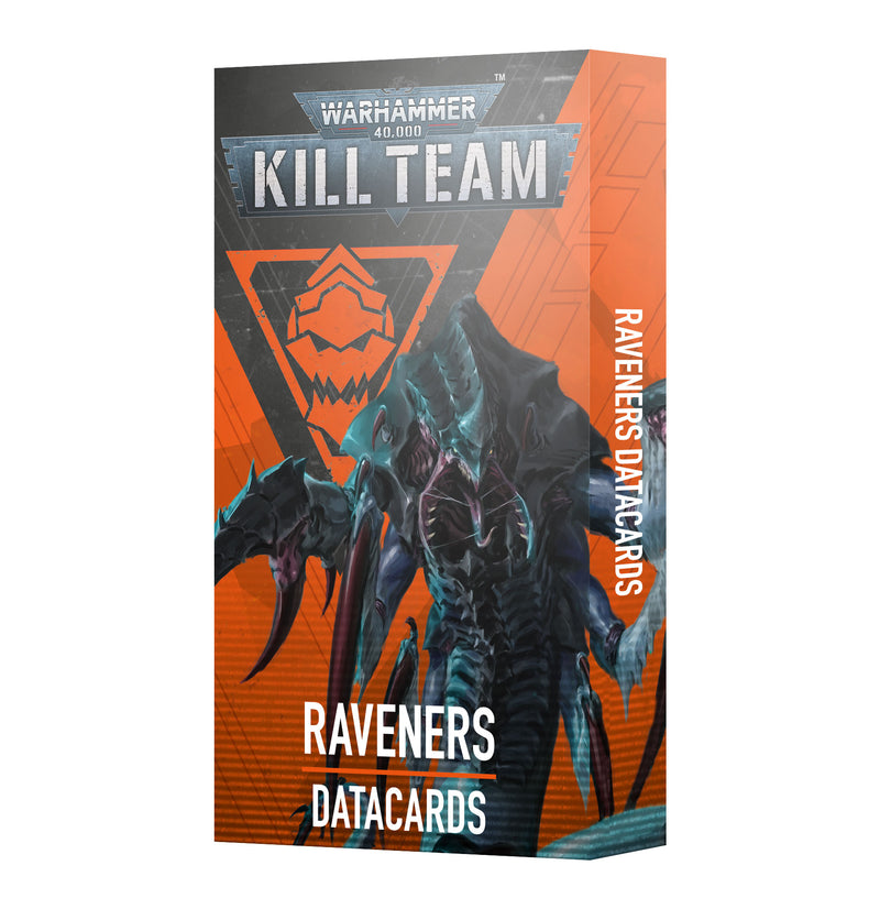 A box of Warhammer 40k: Kill Team Raveners Datacards with a striking insectoid alien on an orange and black background.