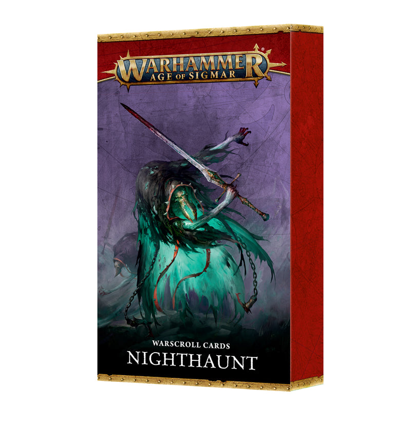 Warhammer Age of Sigmar: Nighthaunt - Warscroll Cards (2025) features Spearhead cards and ghostly green spirits in chains.