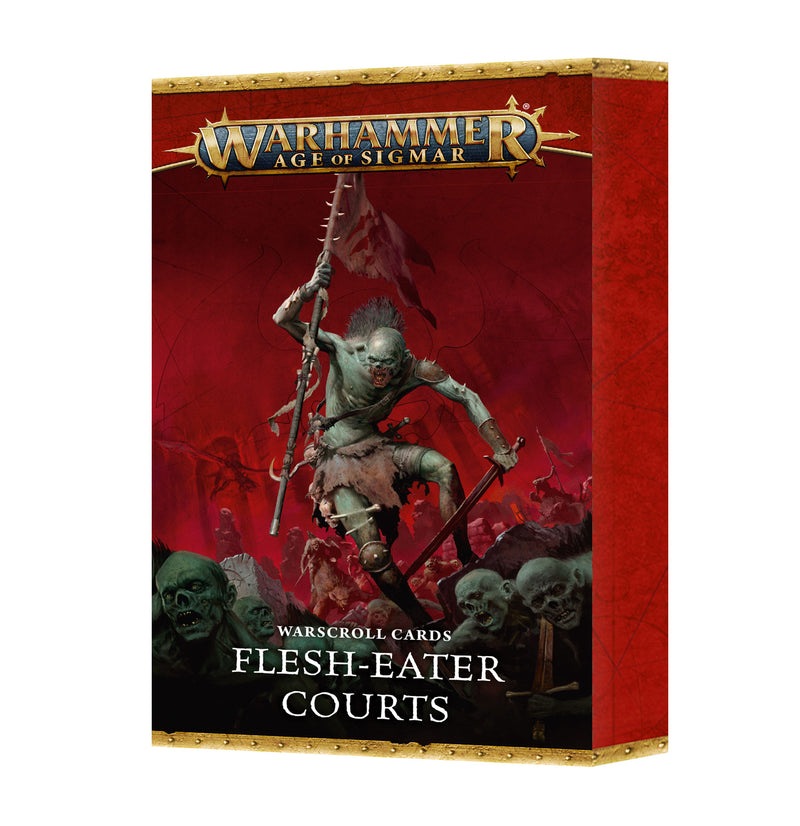 The Warhammer Age of Sigmar: Flesh-Eater Courts - Warscroll Cards (2025) set features ghoulish Charnel Watch creatures, including a ghoul leader with a spear and banner on a dark red background.
