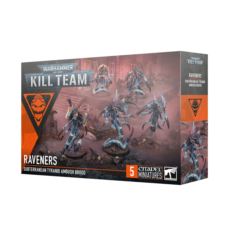 A box of Warhammer 40k: Kill Team - Raveners miniatures from Games Workshop featuring subterranean Tyranid models. The front showcases five assembled and painted Raveners on Citadel 40mm Round Bases, along with product branding and the Citadel Miniatures logo.