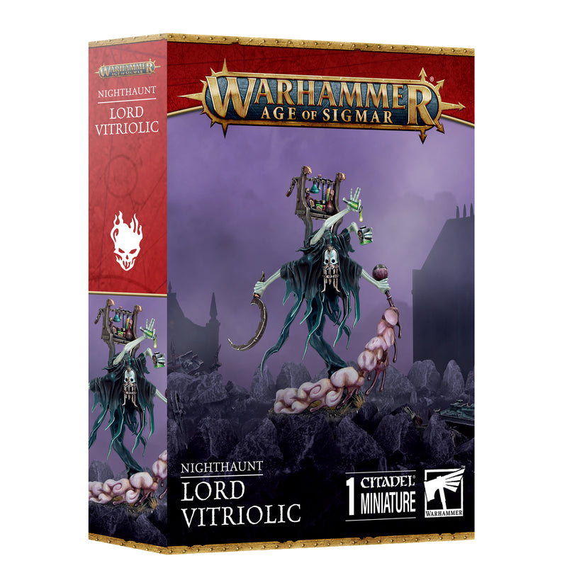 Box art for Warhammer Age of Sigmar: Nighthaunt - Lord Vitriolic shows a spectral figure with chains and tentacles above bones. Includes Citadel 40mm Round Base.