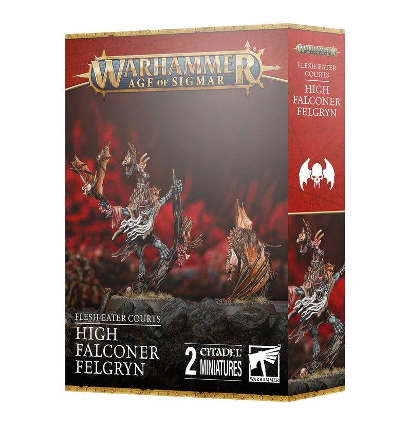 The Warhammer Age of Sigmar: Flesh-Eater Courts - High Falconer Felgryn set includes two unpainted miniatures of Felgryn riding flying beasts, perfect for adding to your collection or gaming table.