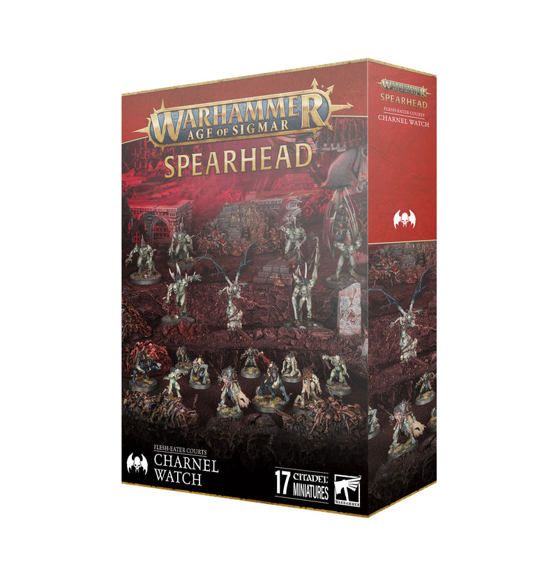 Warhammer Age of Sigmar: Flesh-Eater Courts - Spearhead: Charnel Watch (2025) box with 17 miniatures on dark landscape.