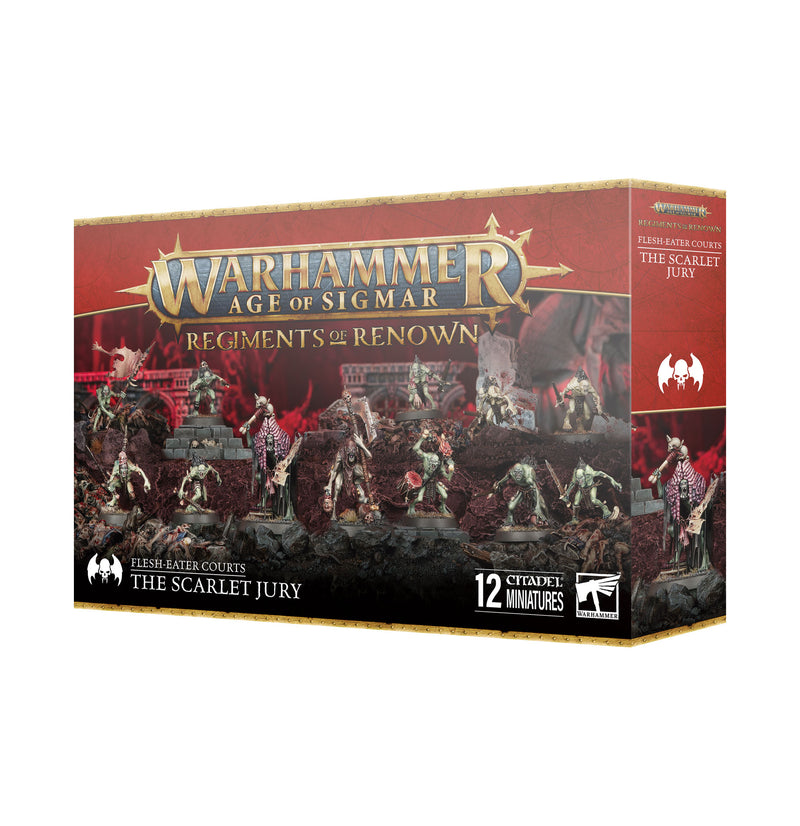 Warhammer Age of Sigmar: Flesh-Eater Courts - Regiment of Renown: The Scarlet Jury box with 12 painted miniatures on rocky terrain and a vivid red background.