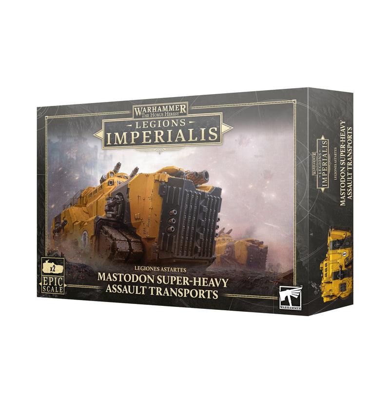 The Horus Heresy: Legions Imperialis - Mastodon Super-Heavy Assault Transports box with yellow vehicle minis, art, and transfer sheet.