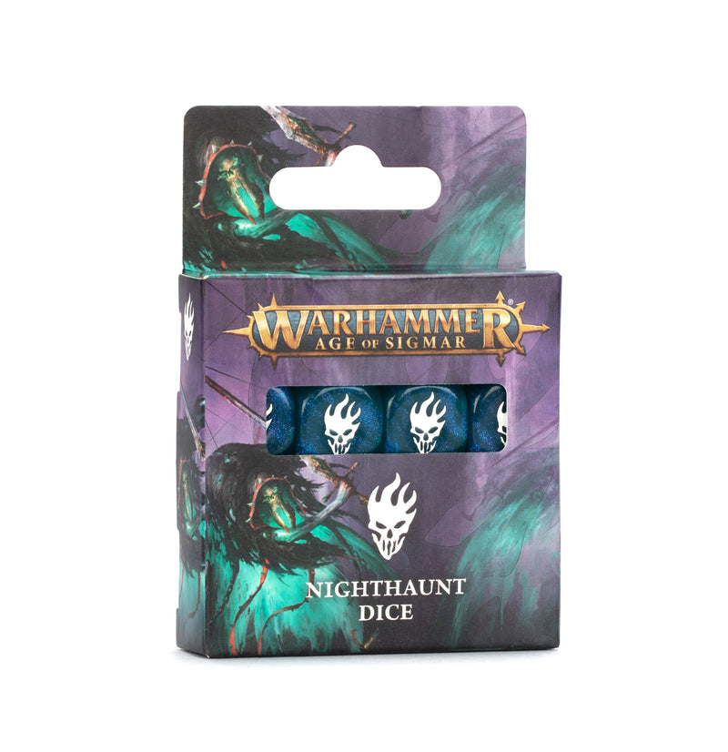 A box of Warhammer Age of Sigmar: Nighthaunt - Dice, with ghostly artwork and three blue dice showing white skulls in the window.