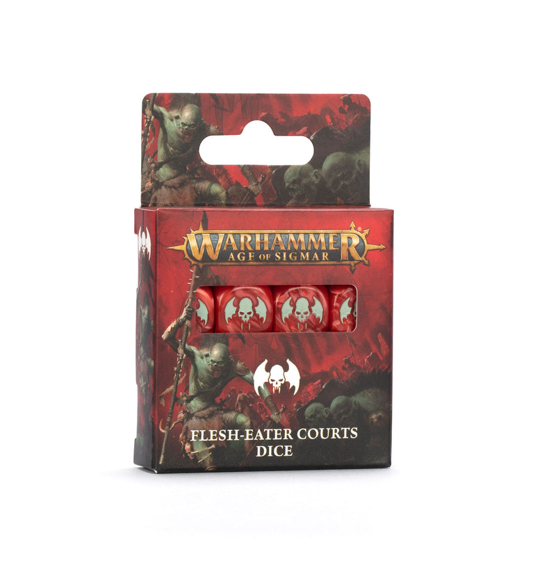 The Warhammer Age of Sigmar: Flesh-Eater Courts Dice set has red dice with white skulls in dark packaging with ghoul art and the logo.