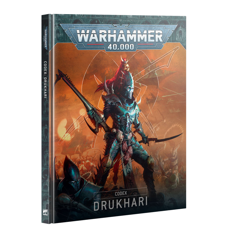 The Warhammer 40k: Drukhari - Codex (2025) from Games Workshop showcases armored Drukhari with deadly weapons and spiked armor amid a fiery, war-torn setting.