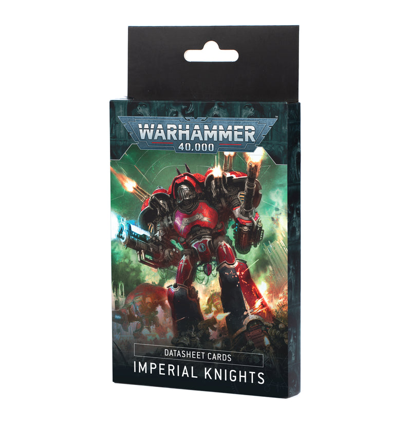 A box of Warhammer 40k: Imperial Knights - Datasheet Cards, featuring cover art of a red-armored mech wielding weapons in an intense sci-fi battle scene.