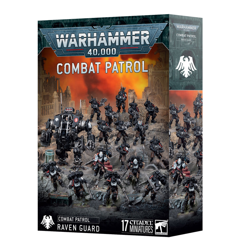 Box of Warhammer 40k: Raven Guard – Combat Patrol (2025) miniatures from Games Workshop, showcasing painted futuristic soldiers and a robot amid a war-torn cityscape. Text and logos highlight that 17 Citadel miniatures are included inside.