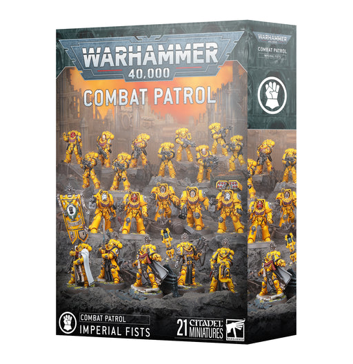 Box of Warhammer 40k: Imperial Fists - Combat Patrol (2025) by Games Workshop, featuring yellow-armored Imperial Fists miniatures posed on a rocky battlefield. The box includes 21 Citadel miniatures.