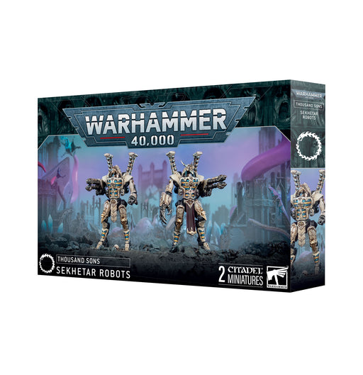 Box of Warhammer 40k: Thousand Sons - Sekhetar Robots, containing two intricately detailed Games Workshop miniatures mounted on Citadel 40mm Round Bases, set against a sci-fi backdrop, with branding and product information displayed on the packaging.