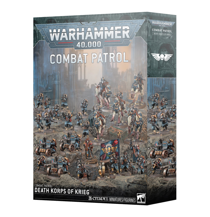 Box of Warhammer 40k: Astra Militarum - Combat Patrol: Death Korps of Krieg (2025) miniatures by Games Workshop, showcasing painted figures and vehicles set against a war-torn city backdrop. The front of the box features the product name, logos, and images of the included miniatures.