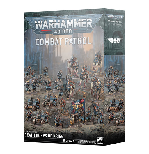 Box of Warhammer 40k: Astra Militarum - Combat Patrol: Death Korps of Krieg (2025) miniatures by Games Workshop, showcasing painted figures and vehicles set against a war-torn city backdrop. The front of the box features the product name, logos, and images of the included miniatures.