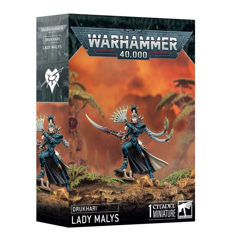 Warhammer 40k: Drukhari - Lady Malys by Games Workshop. Lady Malys stands with sword and claw amid alien terrain. Includes plastic components.