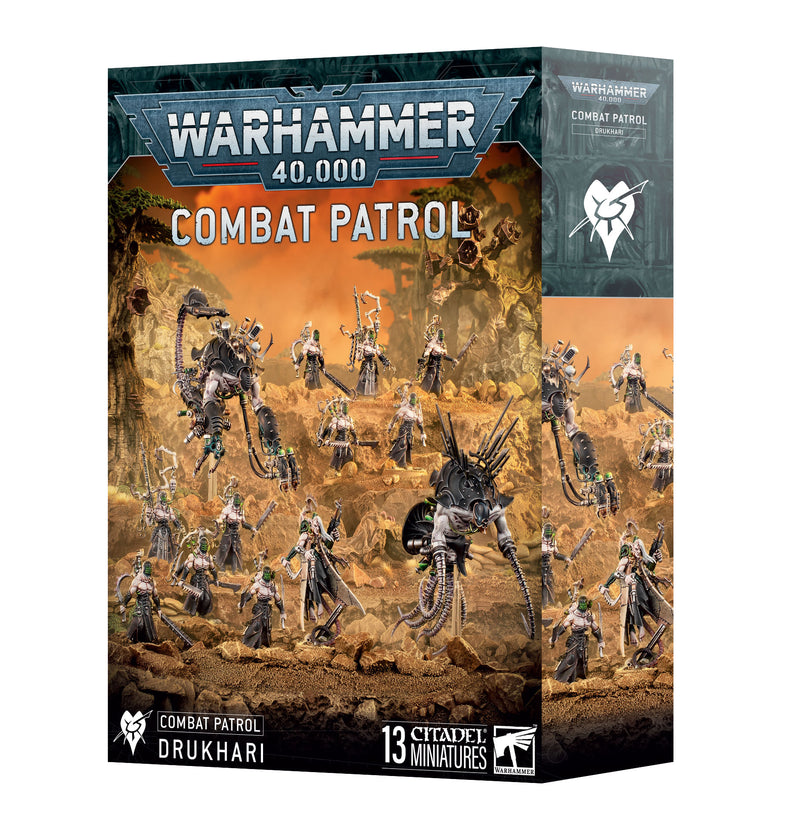 Box of Warhammer 40k: Drukhari Combat Patrol (2025) by Games Workshop, with 13 Drukhari miniatures and a Talos in a sci-fi desert.