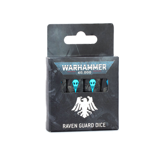 A box of Warhammer 40k: Raven Guard - Dice, featuring black dice with blue skull symbols and a white raven emblem on the black packaging.