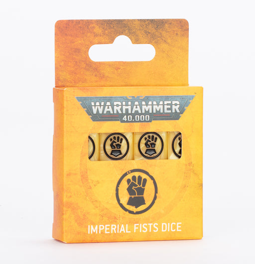 A box of Warhammer 40k: Imperial Fists - Dice, featuring yellow packaging with a black fist symbol and four dice visible through a window.