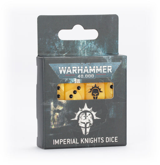 A box of Warhammer 40k: Imperial Knights - Dice by Games Workshop features dark gray packaging with a logo and comes with yellow dice displaying black symbols, which are visible through a clear window.