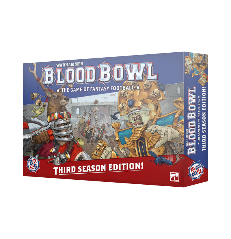 The Blood Bowl: Third Season Edition Boxed Set features fantasy characters in football gear; the box is mainly red and blue.