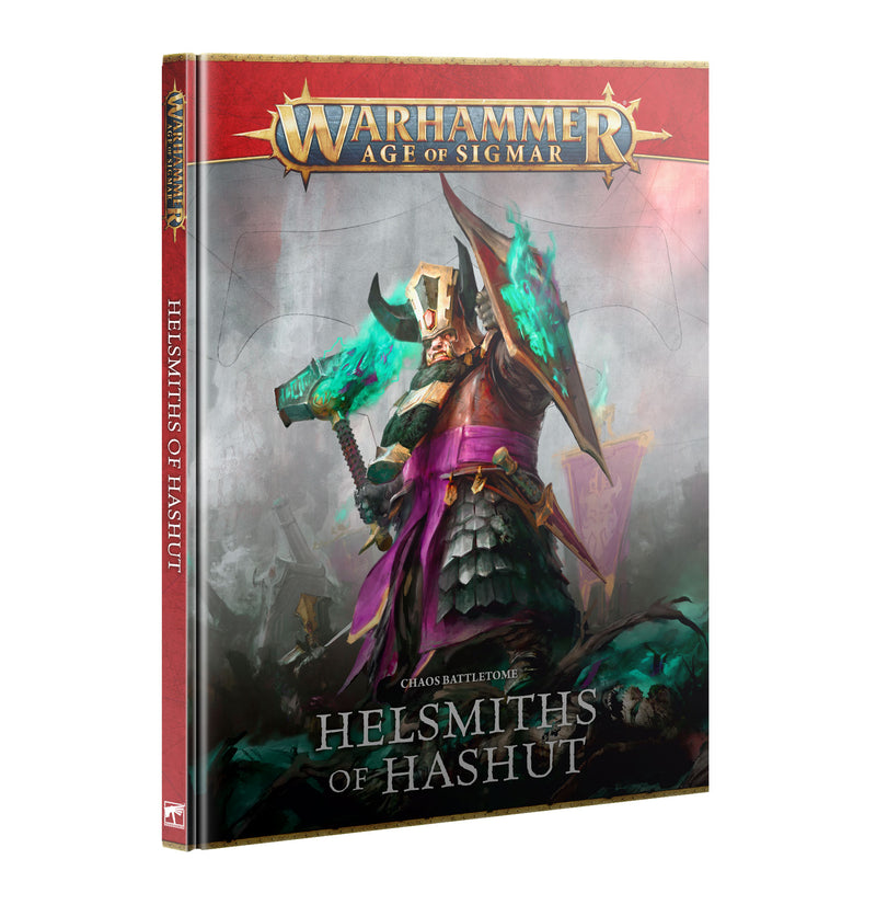 The image shows the Warhammer Age of Sigmar: Helsmiths of Hashut - Battletome. A warrior with glowing green weapon and ornate shield stands amid smoke and fire.