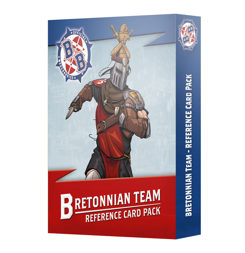 A card pack box labeled Blood Bowl: Brettonnian Team Card Pack features a medieval knight in red armor holding a sword and shield on the front. The background is blue with team logos, and the set includes official Games Workshop cards designed for collectors and enthusiasts of Bretonnian player cards.