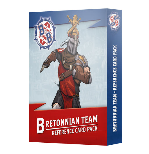 A card pack box labeled Blood Bowl: Brettonnian Team Card Pack features a medieval knight in red armor holding a sword and shield on the front. The background is blue with team logos, and the set includes official Games Workshop cards designed for collectors and enthusiasts of Bretonnian player cards.
