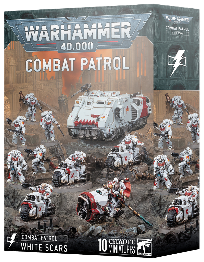 Box art for Warhammer 40k: White Scars - Combat Patrol, showcasing White Scars miniatures of armored soldiers, a tank, and a motorcycle against the backdrop of a ruined city. The box features Games Workshop branding and includes 10 miniatures.
