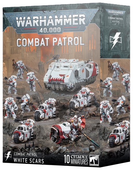 Box art for Warhammer 40k: White Scars - Combat Patrol, showcasing White Scars miniatures of armored soldiers, a tank, and a motorcycle against the backdrop of a ruined city. The box features Games Workshop branding and includes 10 miniatures.
