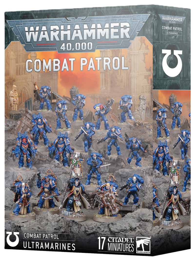 The front of the Warhammer 40k: Ultramarines - Combat Patrol (2025) box from Games Workshop displays 17 painted blue Ultramarines Citadel miniatures set against a ruined city backdrop.
