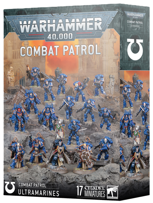 The front of the Warhammer 40k: Ultramarines - Combat Patrol (2025) box from Games Workshop displays 17 painted blue Ultramarines Citadel miniatures set against a ruined city backdrop.