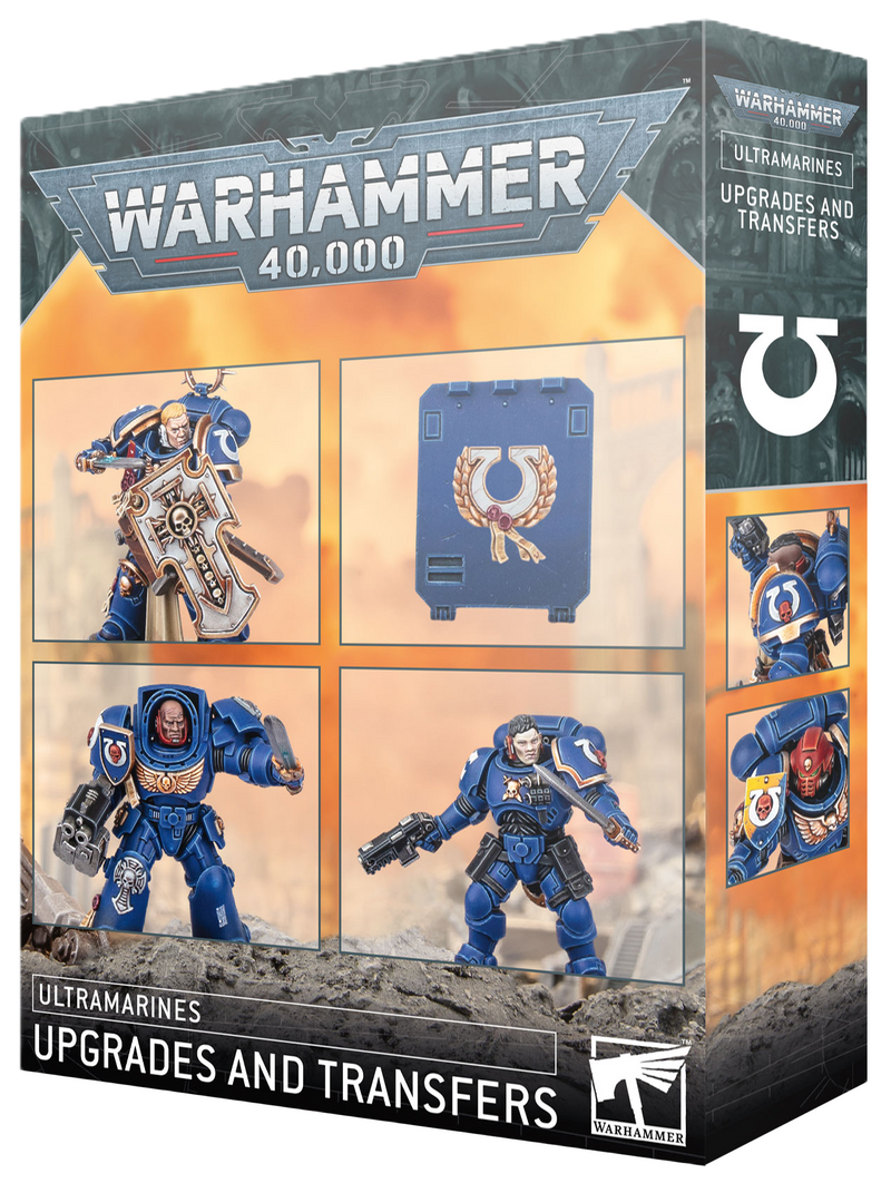 A Warhammer 40k: Ultramarines - Upgrades & Transfers box displaying Space Marines accessories, upgrade parts, and a transfer sheet.