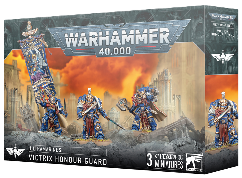 Warhammer 40k: Ultramarines - Victrix Honour Guard by Games Workshop, three detailed miniatures with weapons and a large banner.