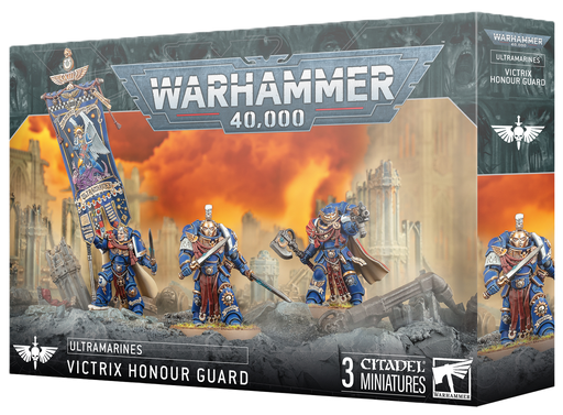 Warhammer 40k: Ultramarines - Victrix Honour Guard by Games Workshop, three detailed miniatures with weapons and a large banner.