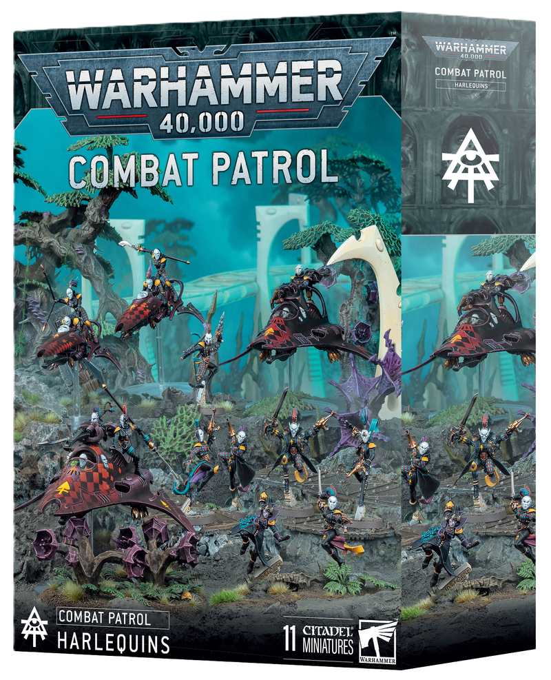 Box of Warhammer 40k: Aeldari - Harlequins: Combat Patrol, featuring painted miniature figures showcased in a vibrant sci-fi battlefield. The box art displays the product name, Games Workshop logos, and dynamic images of the figures in action. Due to distribution restrictions, we may not be able to ship this product to all locations.