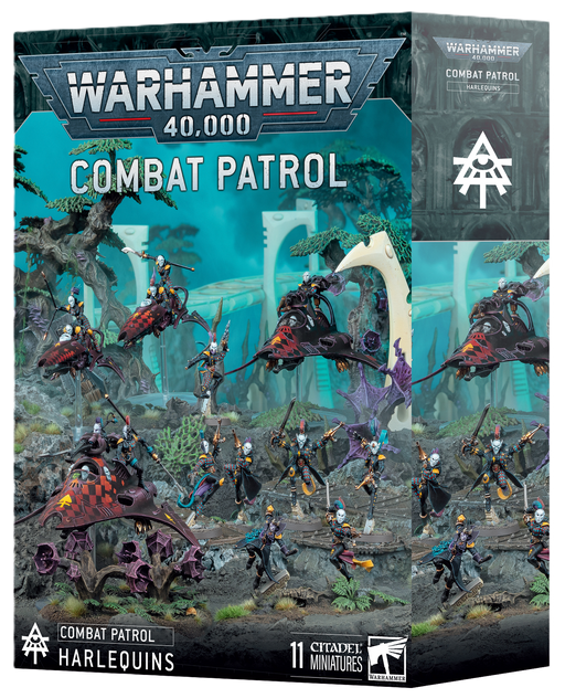 Box of Warhammer 40k: Aeldari - Harlequins: Combat Patrol, featuring painted miniature figures showcased in a vibrant sci-fi battlefield. The box art displays the product name, Games Workshop logos, and dynamic images of the figures in action. Due to distribution restrictions, we may not be able to ship this product to all locations.