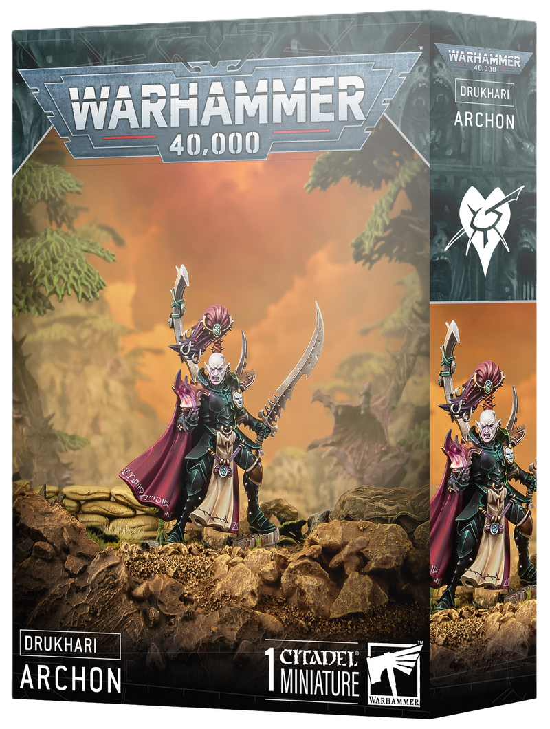Box for Warhammer 40k: Drukhari - Archon by Games Workshop, featuring a painted Archon miniature in ornate armor with sword and staff on rocky terrain amid ruins. Includes assembly instructions and a Citadel 32mm Round Base.