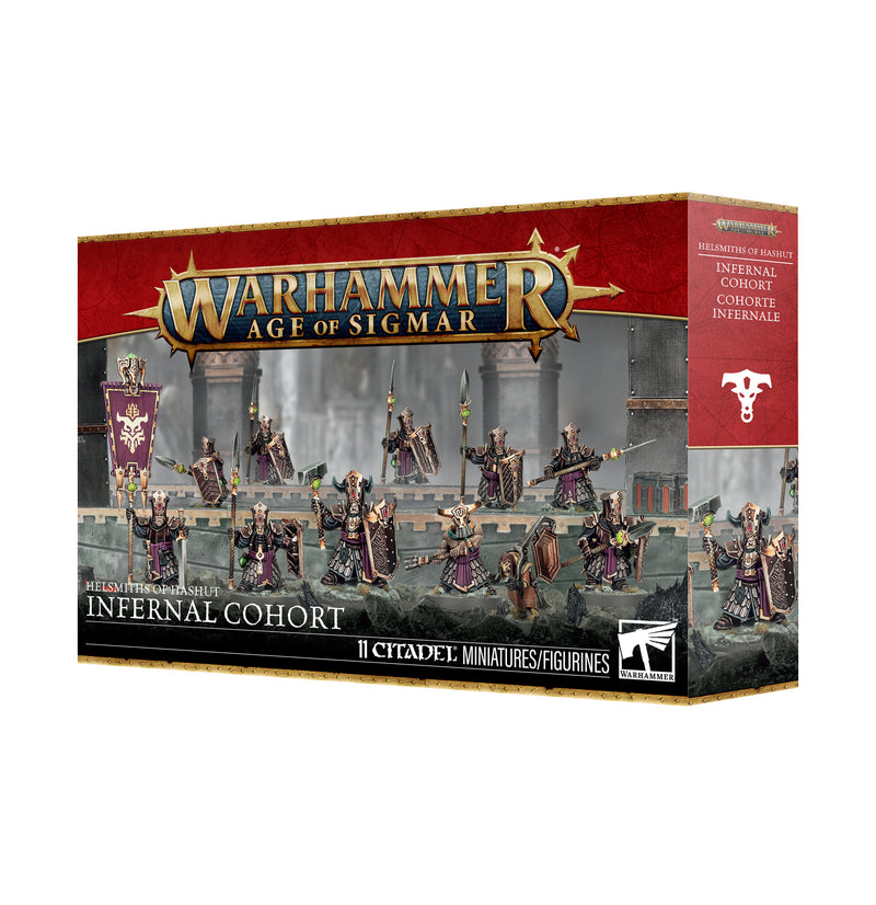 Box of Warhammer Age of Sigmar: Helsmiths of Hashut - Infernal Cohort miniatures, featuring painted Chaos warriors with plastic parts and banners by Games Workshop, set on a dramatic fantasy battlefield.