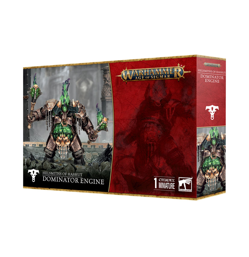 Box of Warhammer Age of Sigmar: Helsmiths of Hashut - Dominator Engine by Games Workshop, featuring mechanical armored figure with green glowing accents and weapons; includes miniatures assembled on a Citadel 80mm Round Base.