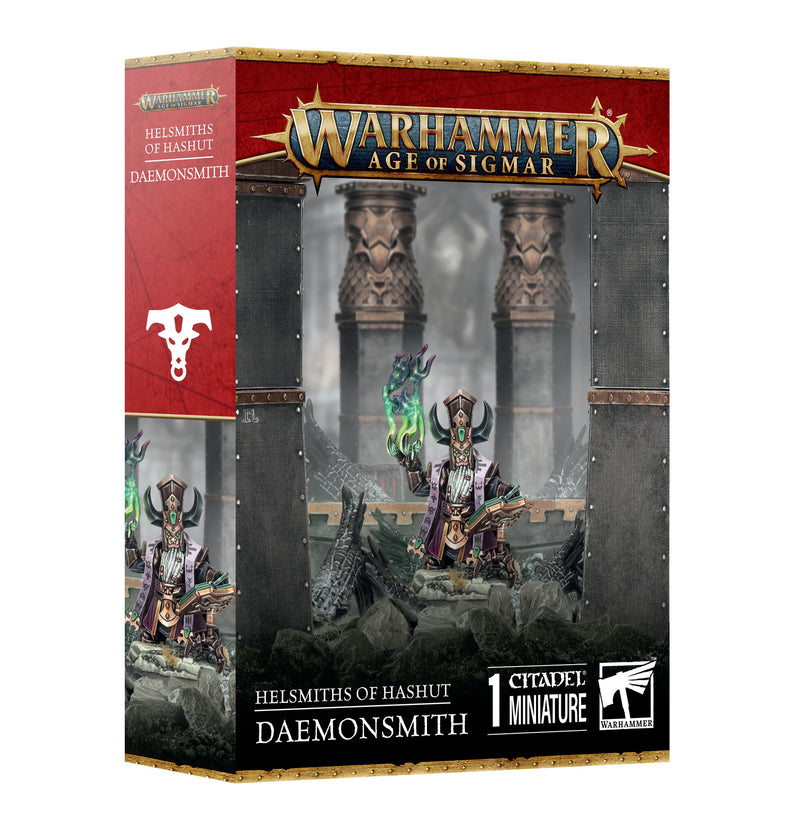 The Warhammer Age of Sigmar: Helsmiths of Hashut – Daemonsmith box by Games Workshop showcases a painted miniature posed before stone pillars with green flames. Labeled “Helsmiths of Hashut – Daemonsmith,” this Ashen Elder figure features intricate sculpting and is ideal for miniature assembly enthusiasts.