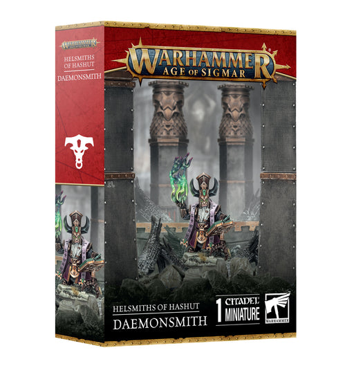 The Warhammer Age of Sigmar: Helsmiths of Hashut – Daemonsmith box by Games Workshop showcases a painted miniature posed before stone pillars with green flames. Labeled “Helsmiths of Hashut – Daemonsmith,” this Ashen Elder figure features intricate sculpting and is ideal for miniature assembly enthusiasts.