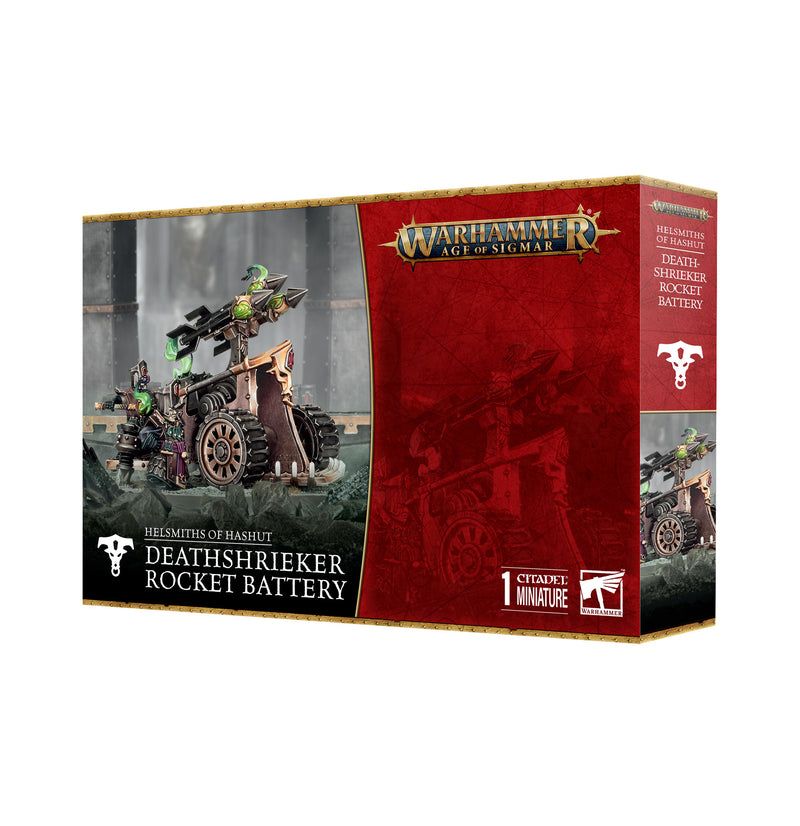 Warhammer Age of Sigmar: Helsmiths of Hashut - Deathshrieker Rocket Battery box with detailed war machine, crew miniatures.