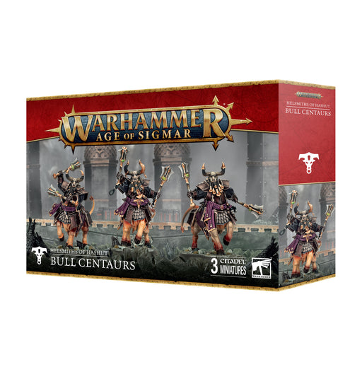 Box of Warhammer Age of Sigmar: Helsmiths of Hashut - Bull Centaurs miniatures by Games Workshop. The box art features three armored Bull Centaur figures wielding weapons on Citadel bases, set against a fantasy fortress backdrop.