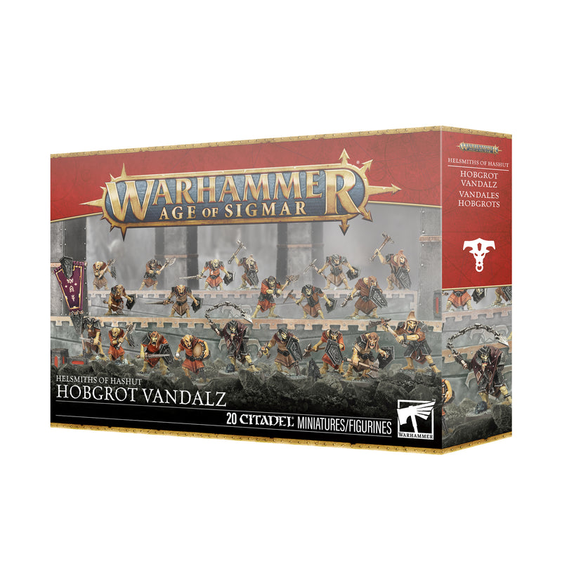 The Warhammer Age of Sigmar: Helsmiths of Hashut - Hobgrot Vandalz box from Games Workshop showcases 20 hobgrot miniatures with Citadel 25mm Round Bases and assembly details on the packaging.