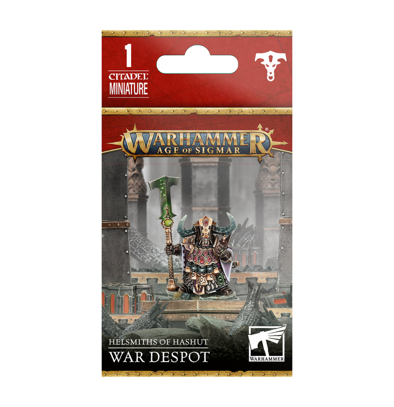 The Warhammer Age of Sigmar: Helsmiths of Hashut - War Despot set has an armored figure with axe on 32mm base; branded packaging.