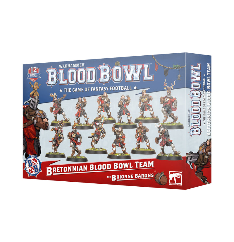 Blood Bowl: The Brionne Barons box features Games Workshop Bretonnian team miniatures unassembled on a blue background. Includes options for assembling and painting your miniatures.