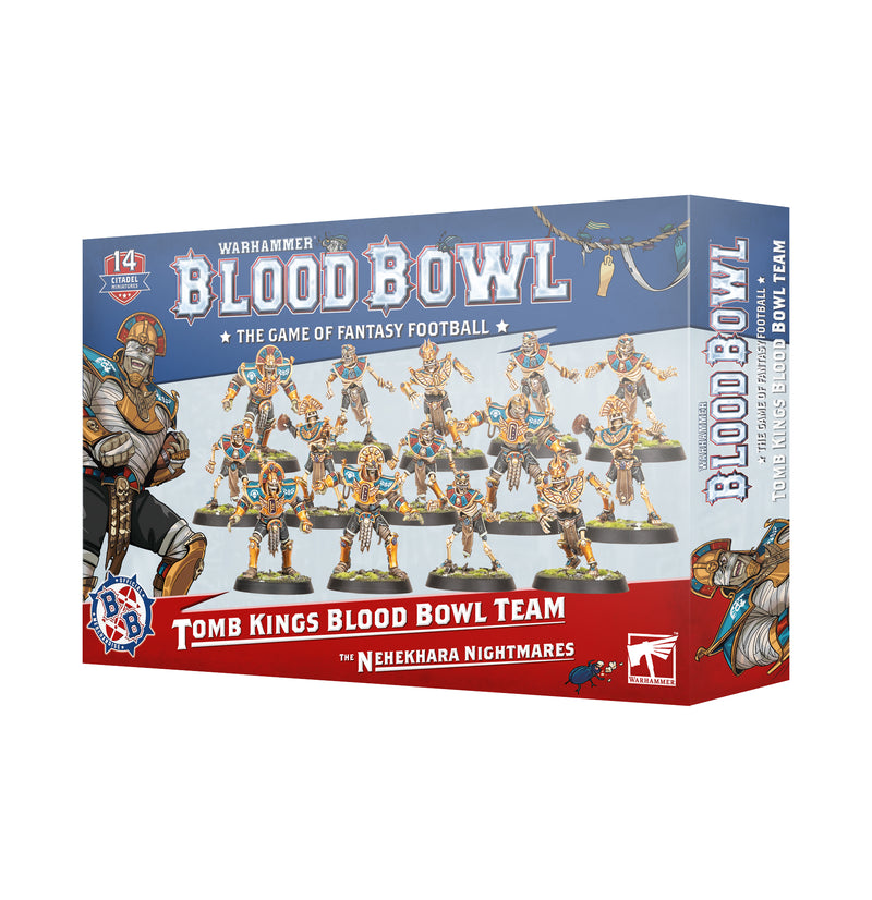 The Blood Bowl: The Nehekhara Nightmares box features Games Workshop Tomb Kings miniatures with painted Skeleton Linemen and fantasy art.
